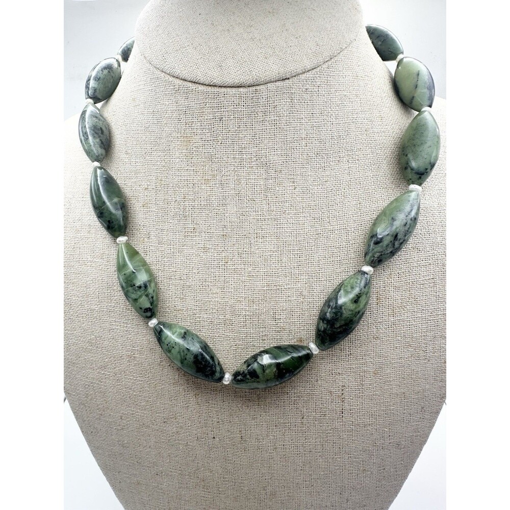 925 Sterling Silver Natural Green Nephrite Jade Seed Pearl Necklace 19”